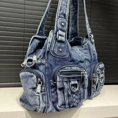 Damen Washed Denim Handtasche Großes Fassungsvermögen Distressed Gradient Schultertasche