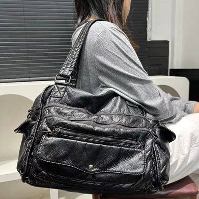 Damen Vintage Tote Bag aus Veganem Leder, Y2K Stil, Große Kapazität, Schulter- und Crossbody-Design