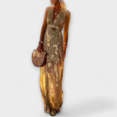 Elegantes Damen Kleid mit V-Ausschnitt, Pailletten-Details und Luftigem Stoff für Warme Tage