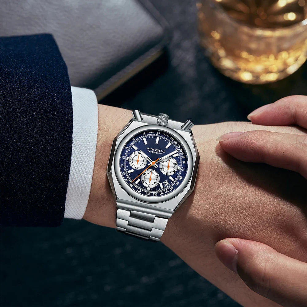 MINI FOCUS Herren Armbanduhr, Multifunktional, Luminous, Edelstahl, Kalender, Luxus, Bull Head Design