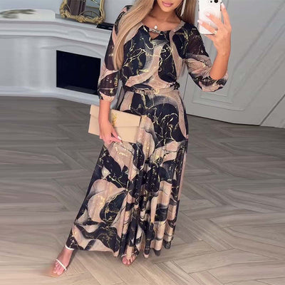 Kleid Elegant Dreiviertelarm Gedruckte Taille