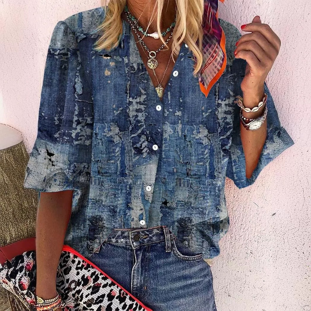 Sabrina - Mehrfarbige abstrakte Bluse mit Knopfleiste