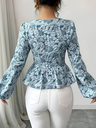 Freesia | Elegante Blumen-Jacquard-Bluse mit Herz-Ausschnitt