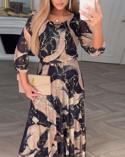 Kleid Elegant Dreiviertelarm Gedruckte Taille