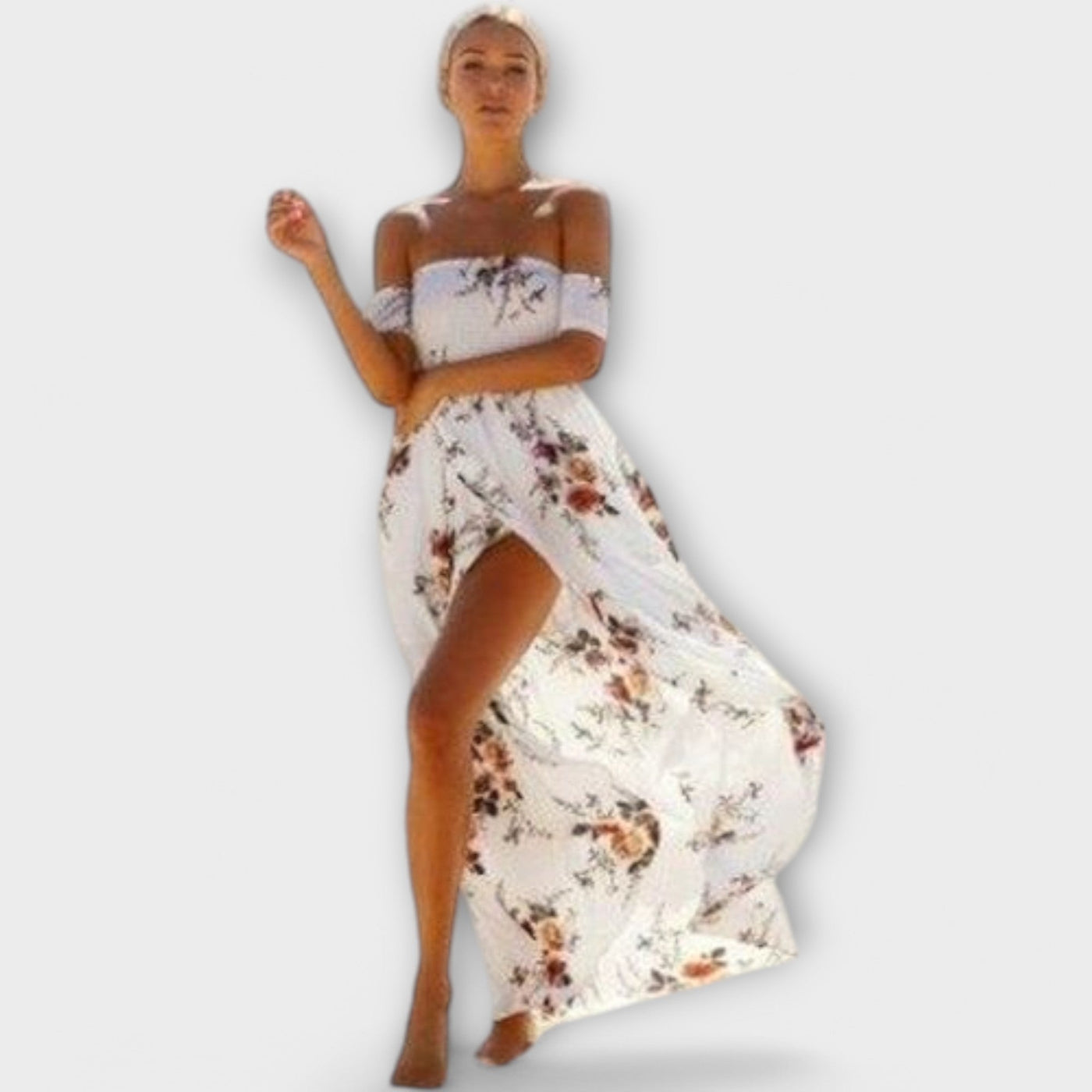 Selina Schulterfreies Boho Midi-Kleid für Damen mit Blumenmuster und Fließender Silhouette