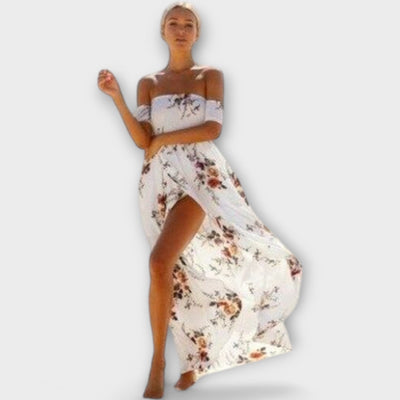 Selina Schulterfreies Boho Midi-Kleid für Damen mit Blumenmuster und Fließender Silhouette