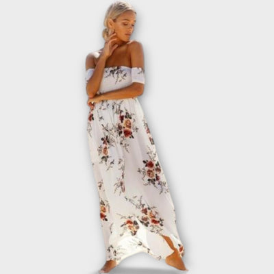 Selina Schulterfreies Boho Midi-Kleid für Damen mit Blumenmuster und Fließender Silhouette