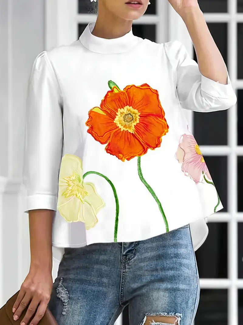 Dravessa – Bluse mit hohem Kragen und floraler Eleganz