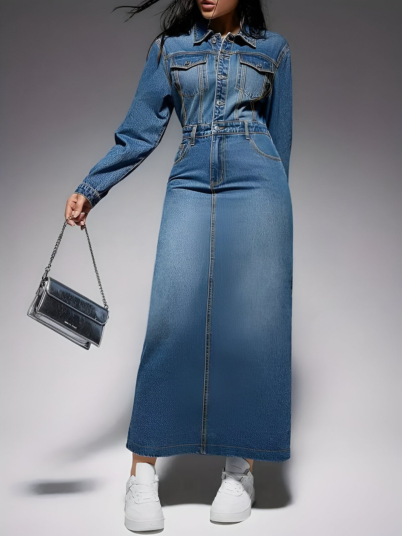 Gaetana | Stylisches Denim-Look Langarmkleid