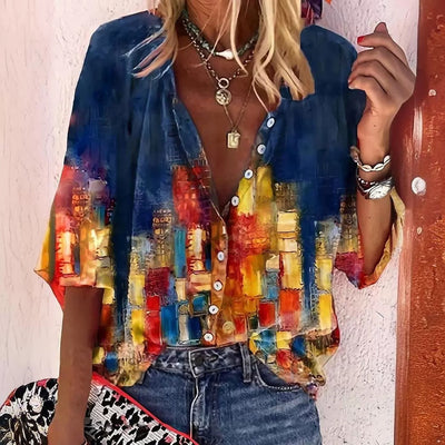 Sabrina - Mehrfarbige abstrakte Bluse mit Knopfleiste