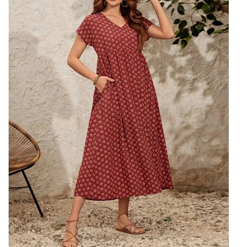 Aganietta - Neues Vintage-Kleid mit V-Ausschnitt aus Leinen und Baumwolle