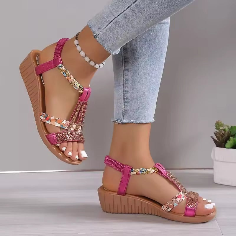 Böhmische Strassplattform Sandalen Damen – Bequeme Slingback mit Glitzer für Frühling/Sommer 2025