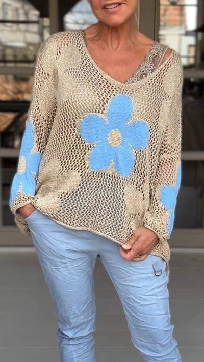 V-Ausschnitt-Strickbluse mit Blumenmuster