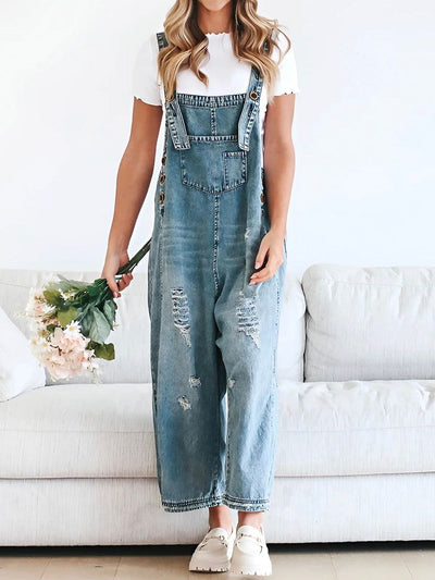 Weite Latzhose aus Jeans | Used-Effekt | Lässiger Vintage-Stil