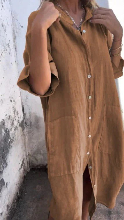 Tezra – Elegantes Hemdkleid aus Leinen mit Knopfleiste