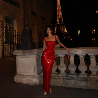 Maxi-Kleid für Damen mit Pailletten und quadratischem Ausschnitt - Zirena