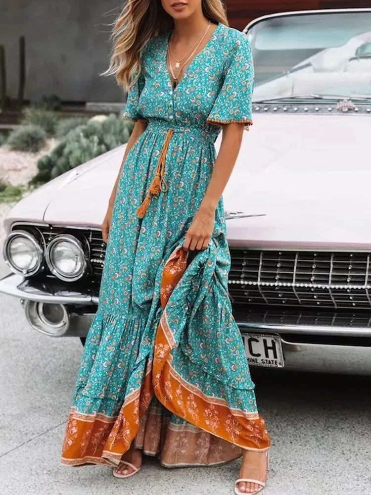 Maja Boho Maxi Kleid Für Damen Mit Farbenfrohem Blumenmuster & Hohem Schlitz – Perfekt Für Sommer
