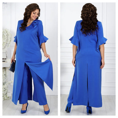 Damen-Set aus Kleid mit V-Ausschnitt und Hose mit elastischer Taille